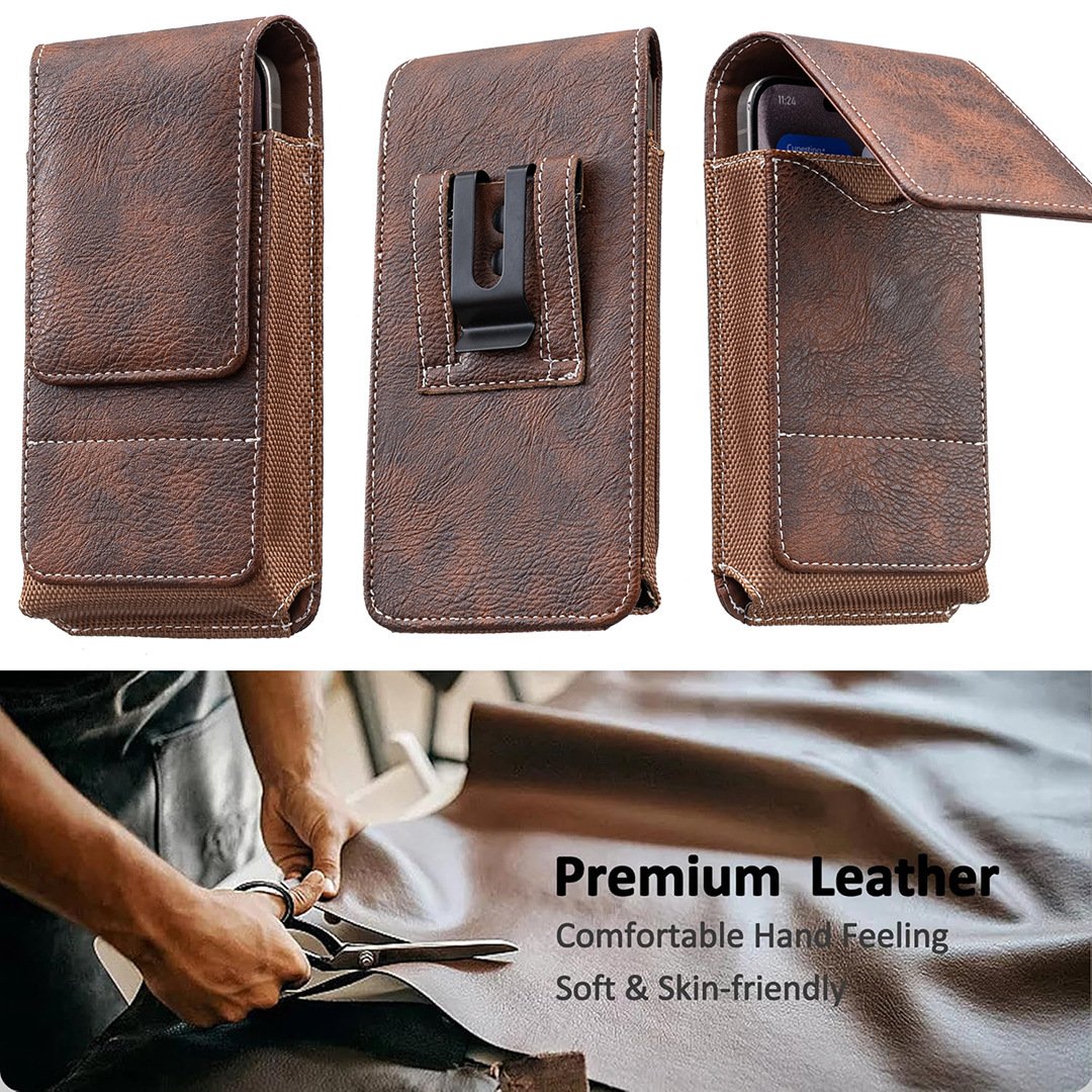 Belt Phone Holder with Magnetic Closure – Sturdy Smartphone Holster with Clip, Belt Loop &amp; Card Slot