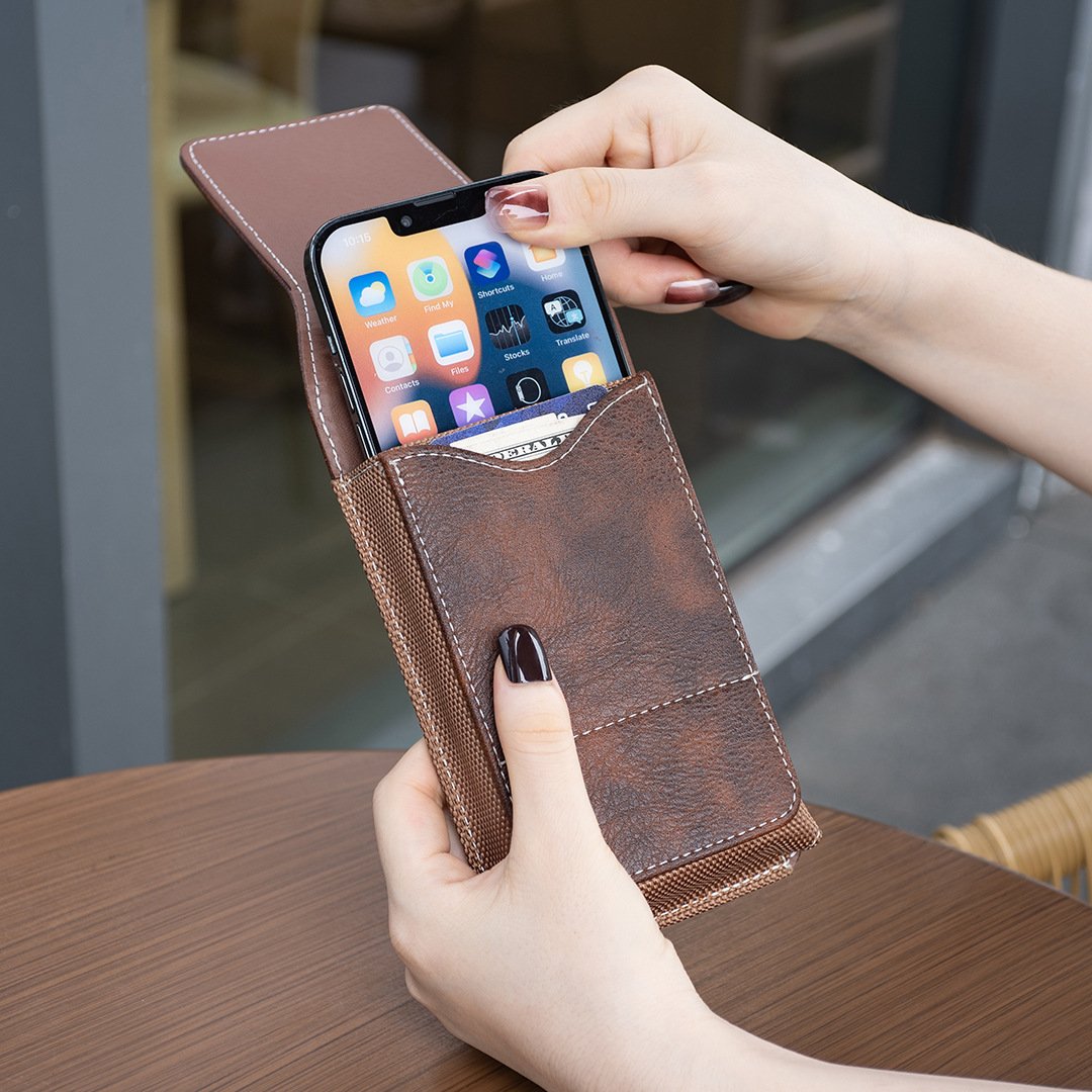 Belt Phone Holder with Magnetic Closure – Sturdy Smartphone Holster with Clip, Belt Loop &amp; Card Slot