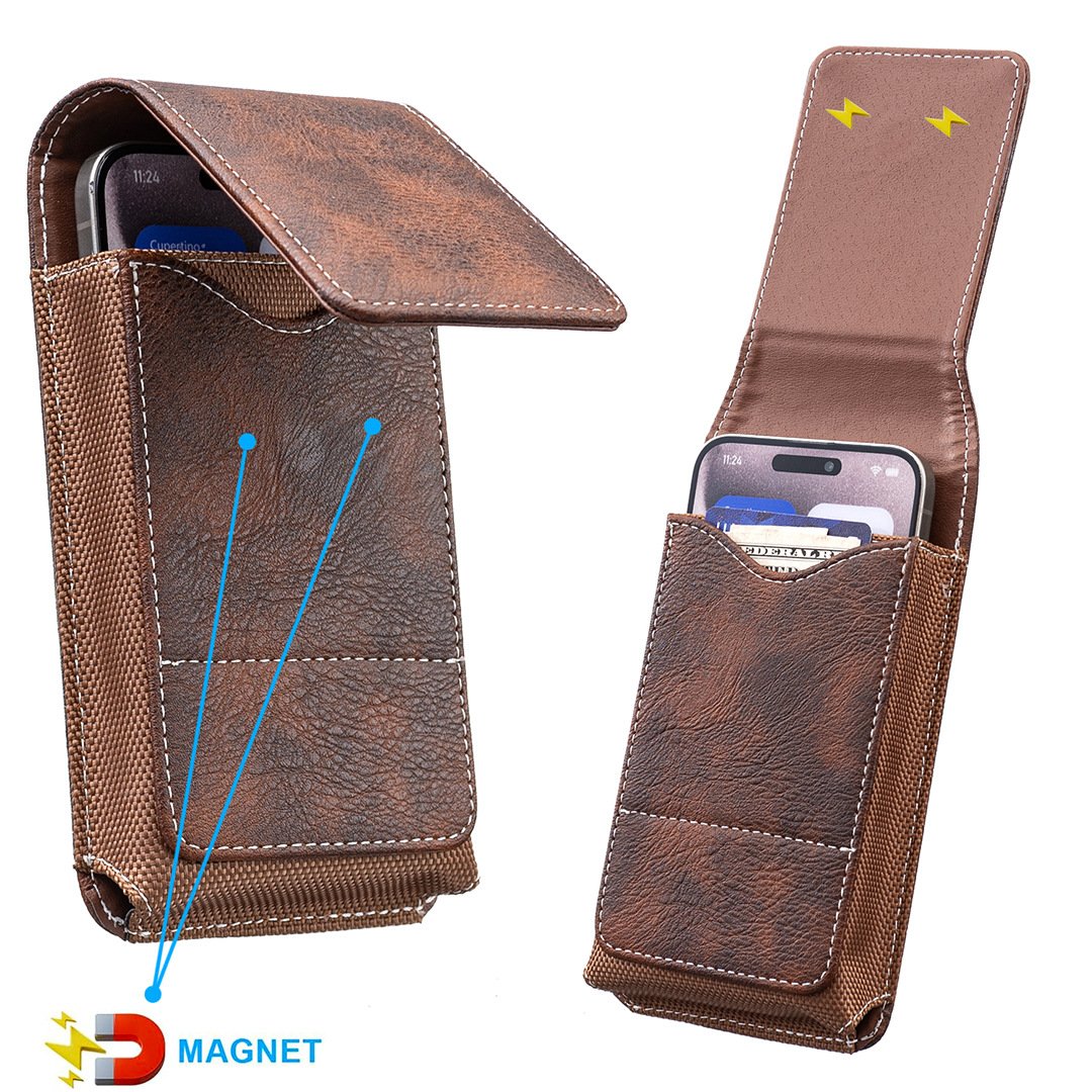 Belt Phone Holder with Magnetic Closure – Sturdy Smartphone Holster with Clip, Belt Loop &amp; Card Slot