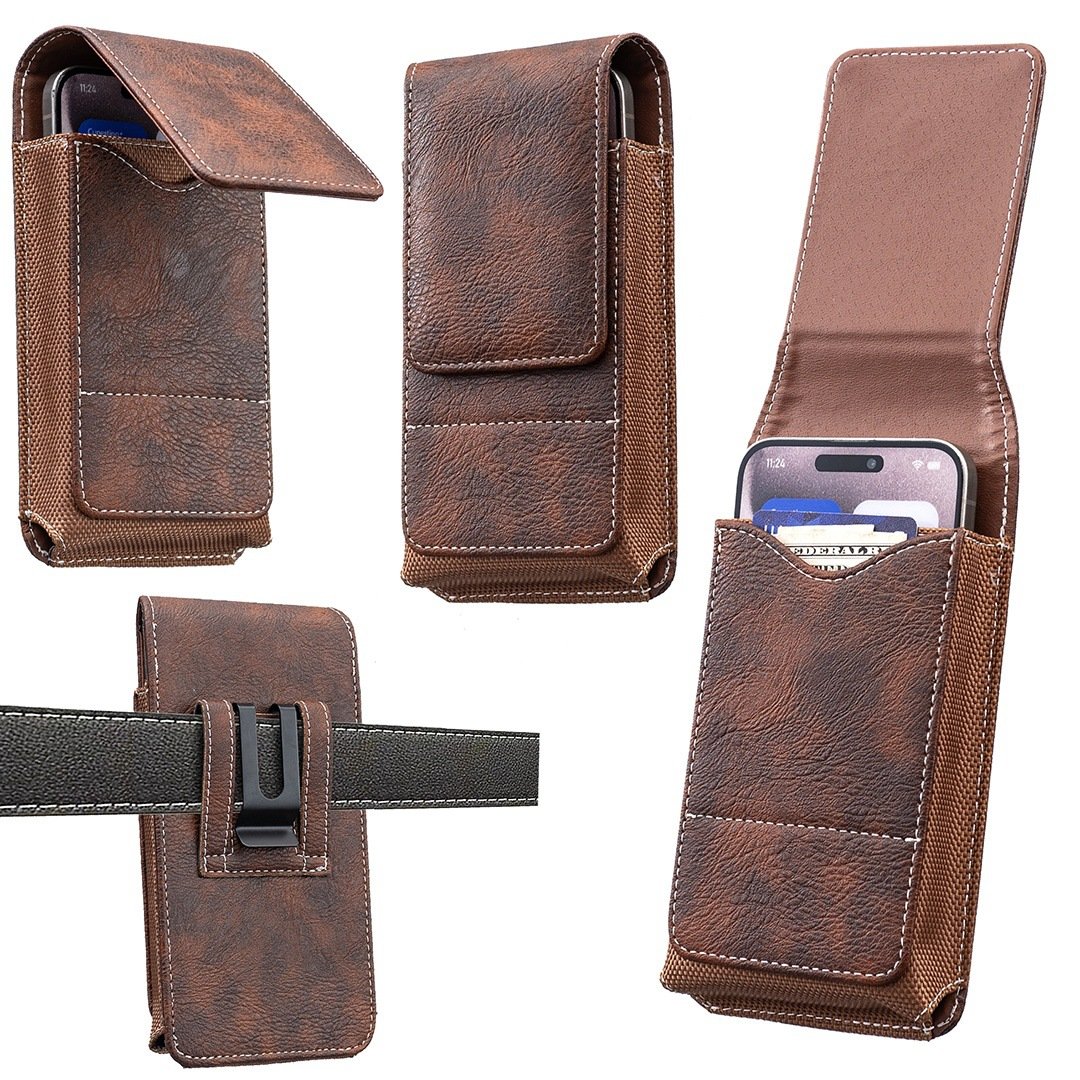 Belt Phone Holder with Magnetic Closure – Sturdy Smartphone Holster with Clip, Belt Loop &amp; Card Slot