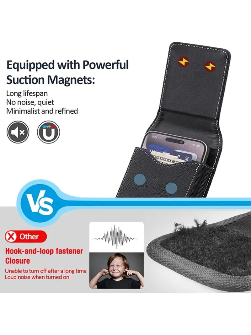 Belt Phone Holder with Magnetic Closure – Sturdy Smartphone Holster with Clip, Belt Loop &amp; Card Slot