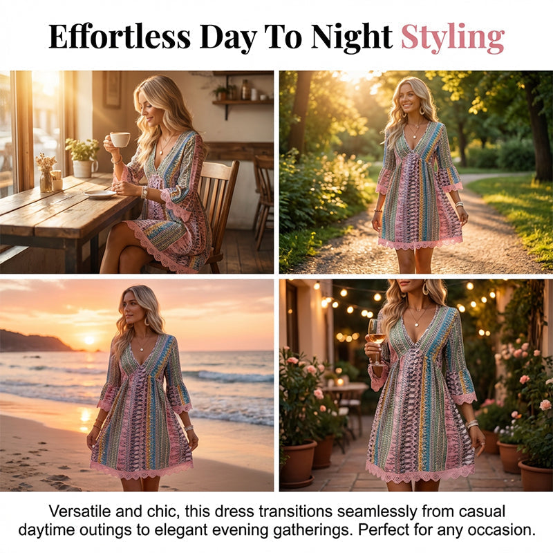 Women's V-Neck Mini Dress with Geometric Print &amp; Lace Trim - Perfect for Vacations