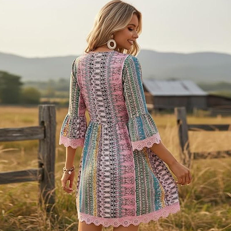 Women's V-Neck Mini Dress with Geometric Print &amp; Lace Trim - Perfect for Vacations