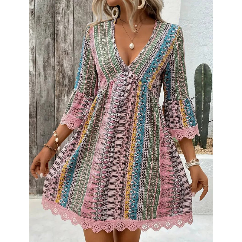 Women's V-Neck Mini Dress with Geometric Print &amp; Lace Trim - Perfect for Vacations
