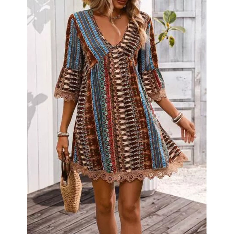 Women's V-Neck Mini Dress with Geometric Print &amp; Lace Trim - Perfect for Vacations