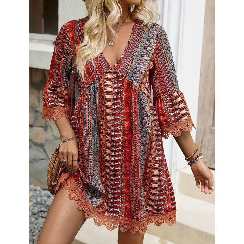 Women's V-Neck Mini Dress with Geometric Print &amp; Lace Trim - Perfect for Vacations