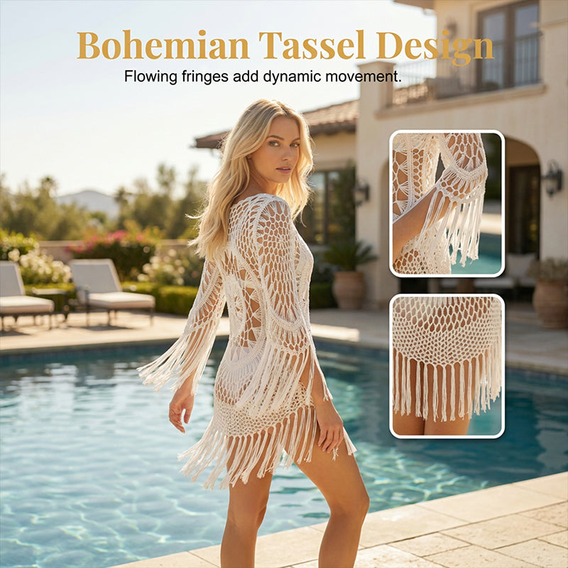🌊🩱 Bohemian Crochet Beach Cover-Up with Tassels – Breathable, flowy &amp; boho chic – perfect for poolside, sand or summer vacations – adjustable fit