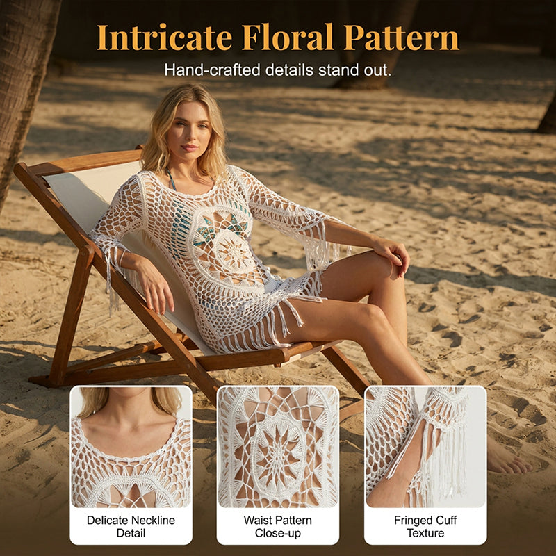 🌊🩱 Bohemian Crochet Beach Cover-Up with Tassels – Breathable, flowy &amp; boho chic – perfect for poolside, sand or summer vacations – adjustable fit