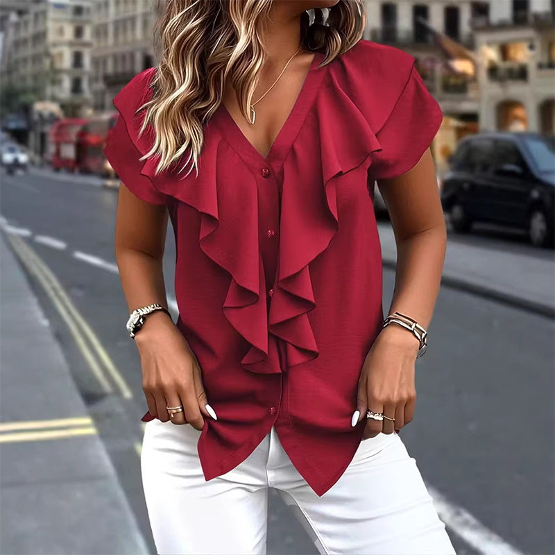 🔥New Arrivals &amp; Best Sellers-Elegant Ruffle V-Neck Blouse