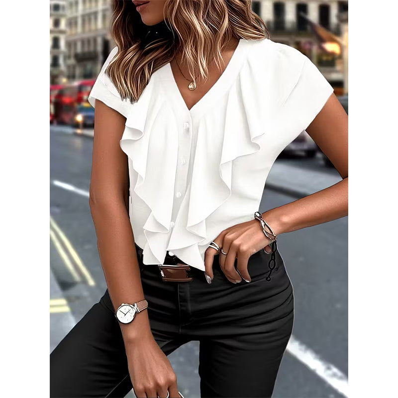 🔥New Arrivals &amp; Best Sellers-Elegant Ruffle V-Neck Blouse