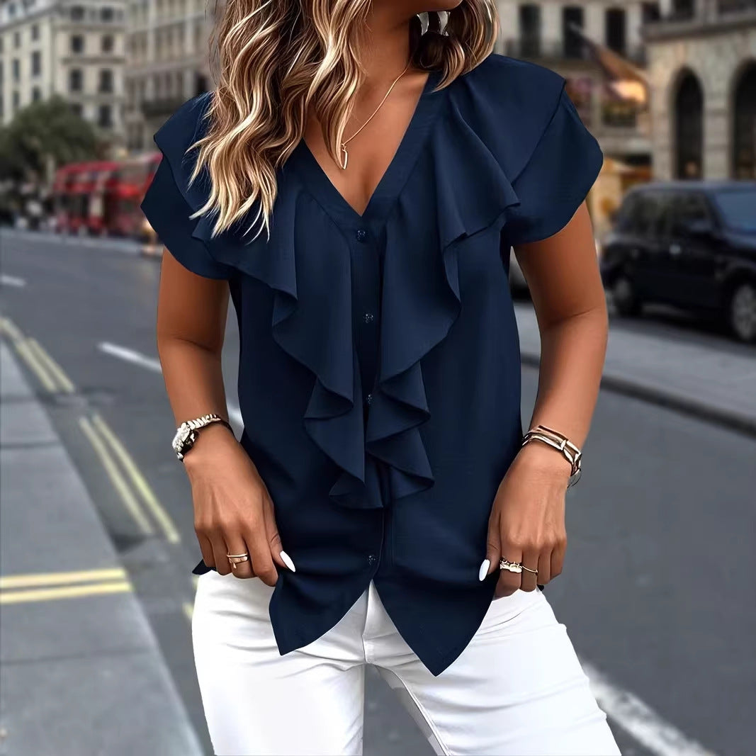 🔥New Arrivals &amp; Best Sellers-Elegant Ruffle V-Neck Blouse