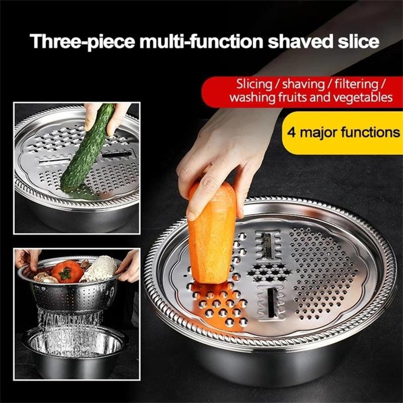 📢📢50% OFF !! ⏰🥬 Slice, Grate &amp; Julienne in Minutes! Multi-Function Stainless Steel Vegetable Prep Bowl for Easy Cooking
