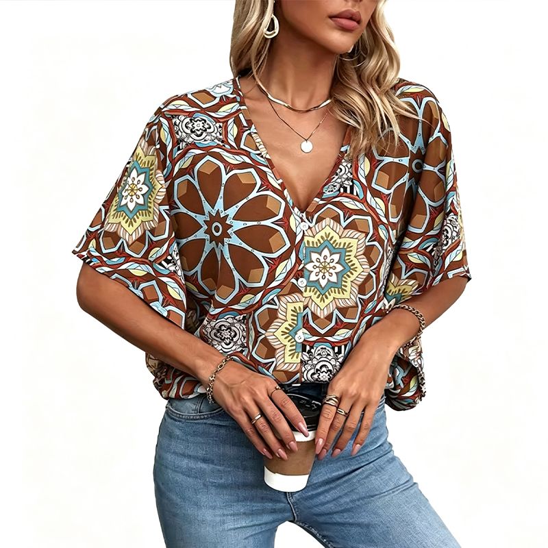 🔥Last Day Special Sale 60% OFF!!💝Women's V-Neck Bohemian Print Blouse Summer Loose Fit Shirt