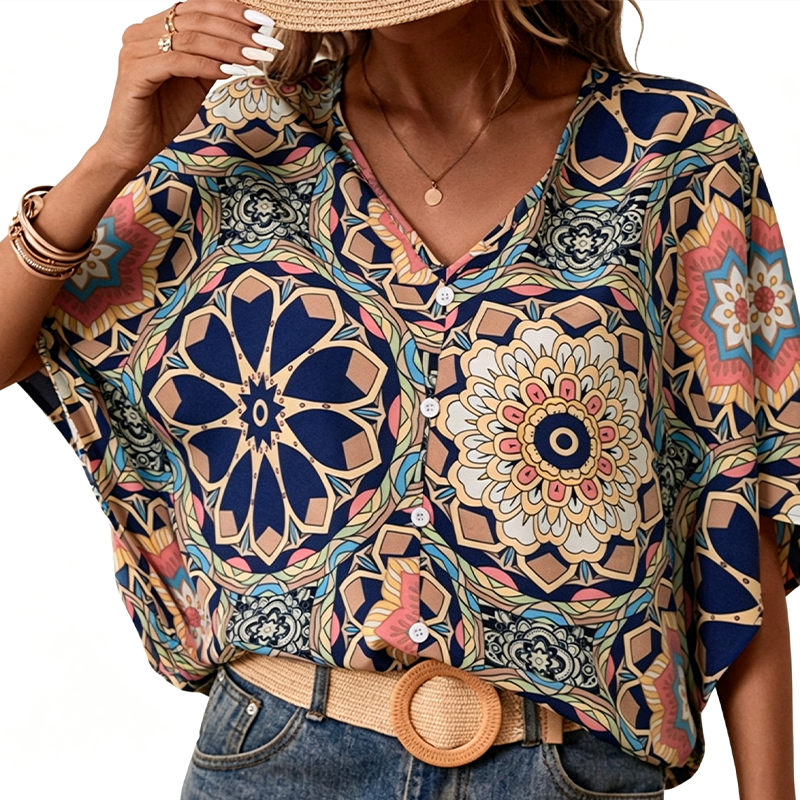 🔥Last Day Special Sale 60% OFF!!💝Women's V-Neck Bohemian Print Blouse Summer Loose Fit Shirt