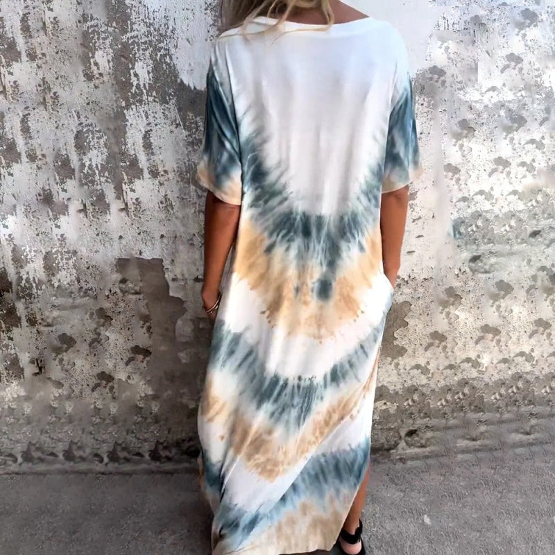 🌞 FLASH SALE 50% OFF ! 👗 Casual Loose Printed V-Neck Long Dress – Polyester – Lightweight &amp; Split Hem for Summer