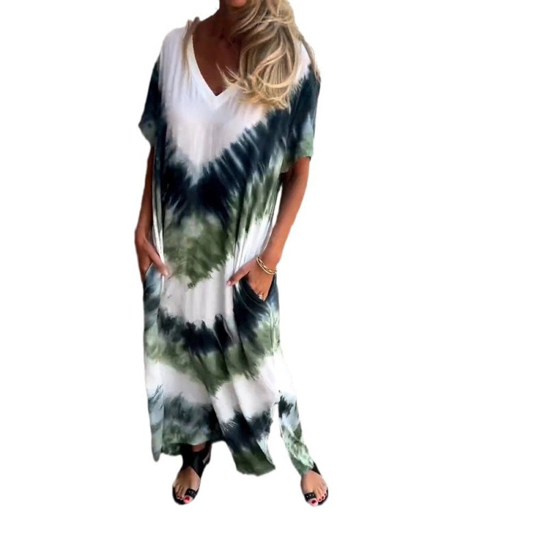 🌞 FLASH SALE 50% OFF ! 👗 Casual Loose Printed V-Neck Long Dress – Polyester – Lightweight &amp; Split Hem for Summer